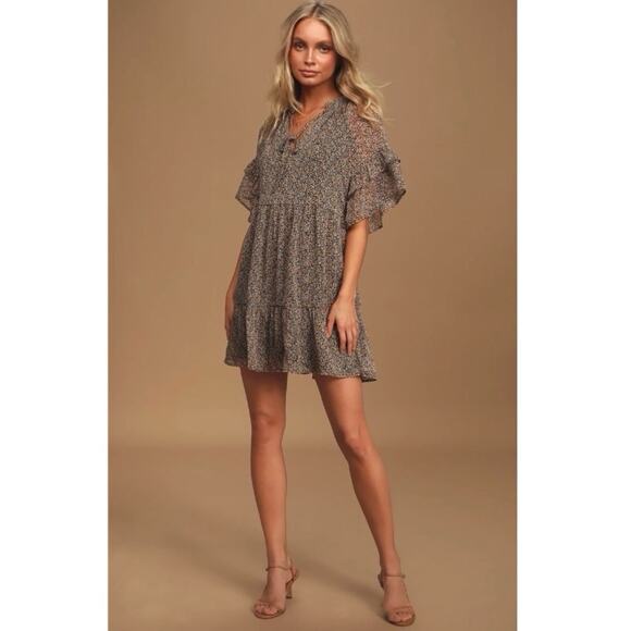 Lulus Babe Date Black Floral Print Tiered Short Sleeve Babydoll Dress - Picture 10 of 11